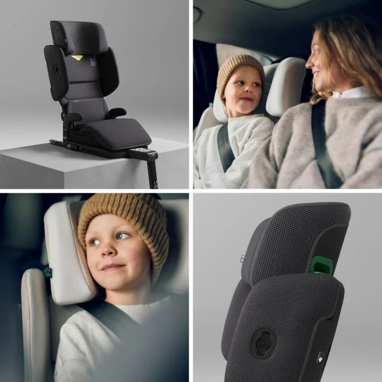 Colagem de imagens da cadeira auto Axkid Up mostrando utilização no carro, criança confortável e detalhe do encosto.