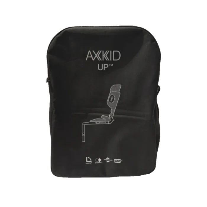 Saco de transporte preto da Axkid UP com o logótipo e um diagrama esquemático da cadeira auto dobrada no centro.