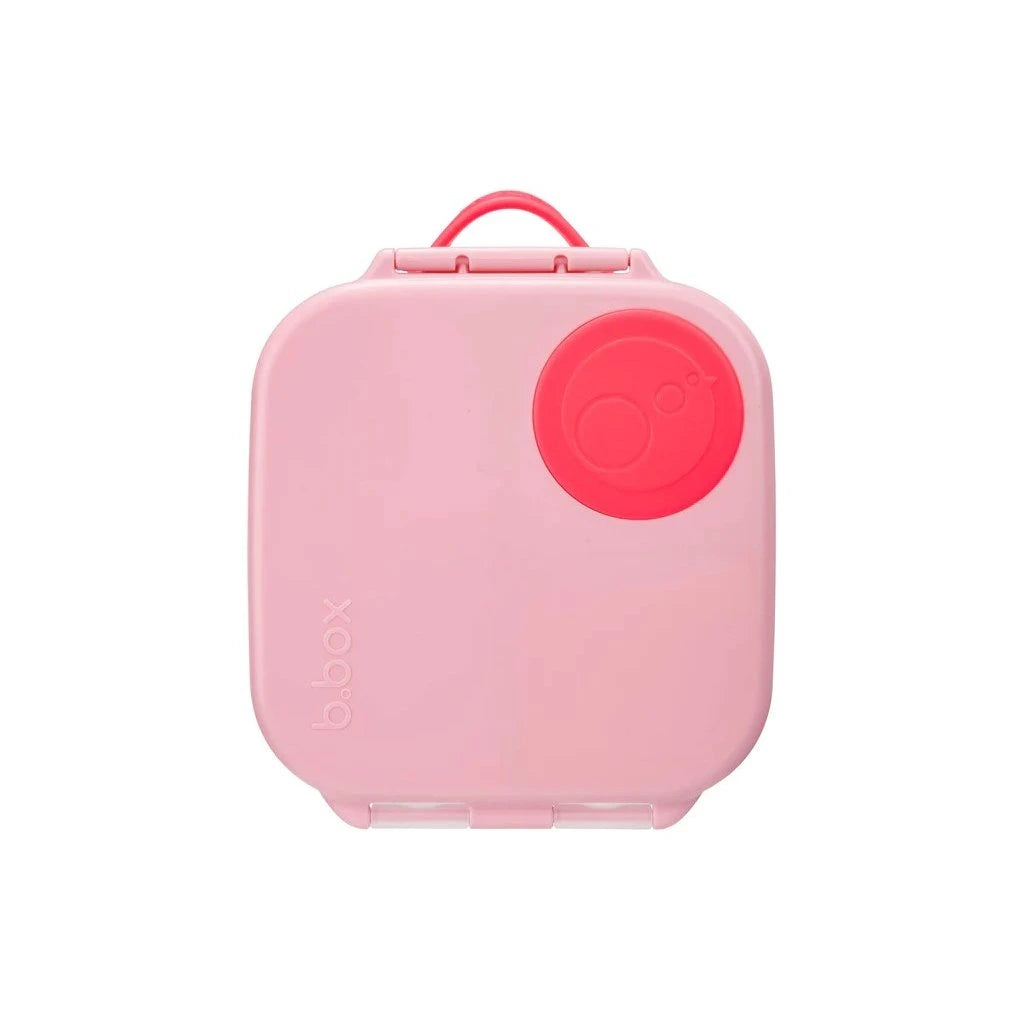 Recipiente de almoço b.box mini rosa, visto de cima, com a palavra "b.box" gravada na lateral.