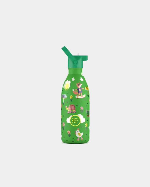 Garrafa térmica Cool Bottles Rolling Skaters 500ml verde com tampa de palhinha, vista frontal.