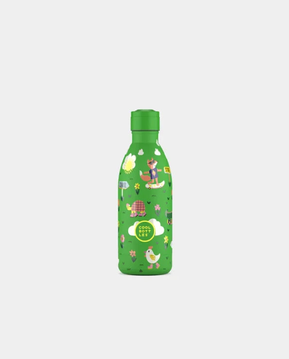 Garrafa térmica Cool Bottles Rolling Skaters 500ml verde com tampa de rosca, vista frontal.