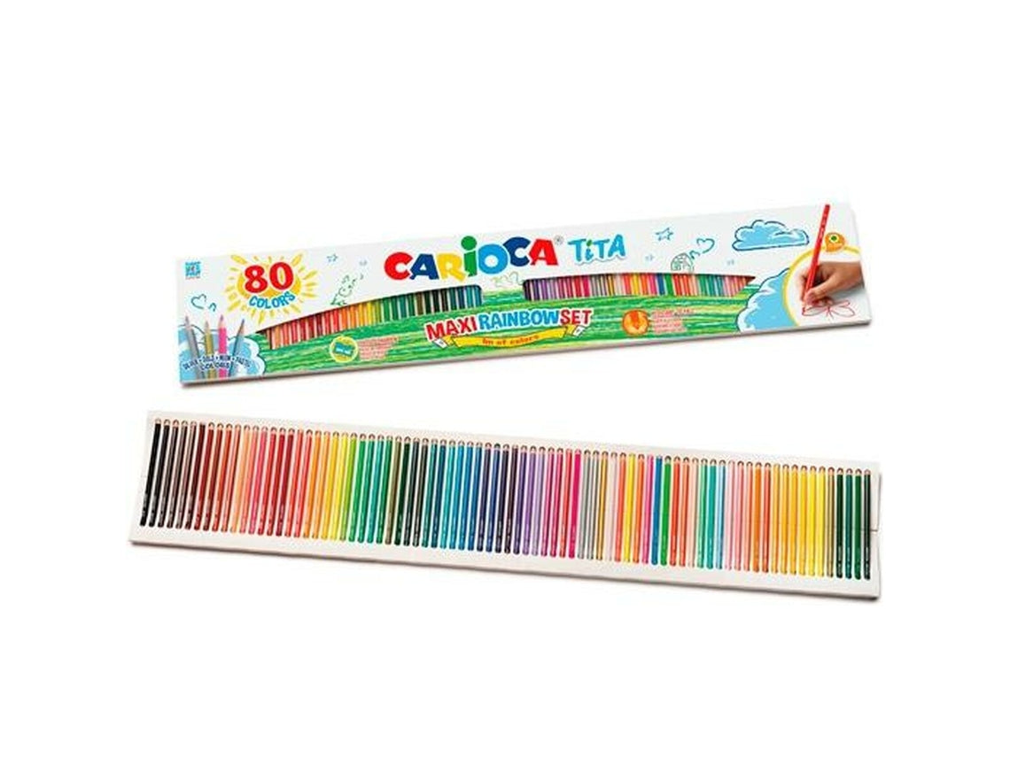Conjunto de 80 lápis de cor CARIOCA Tita Maxi Rainbow Set, dispostos em duas filas, com a caixa aberta a exibir as cores vibrantes.