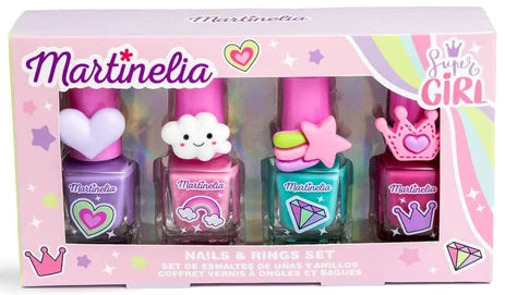 Embalagem do Martinelia Super Girl Nails & Rings Set, exibindo quatro vernizes coloridos para crianças.