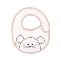 Babete impermeável Lassig Little Chums com desenho de rato em fundo branco e rebordo rosa.