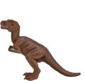 Figura de ação em PVC, pintada à mão, de um dinossauro Tiranossauro Rex bebé de cor castanha, em pose de ataque.