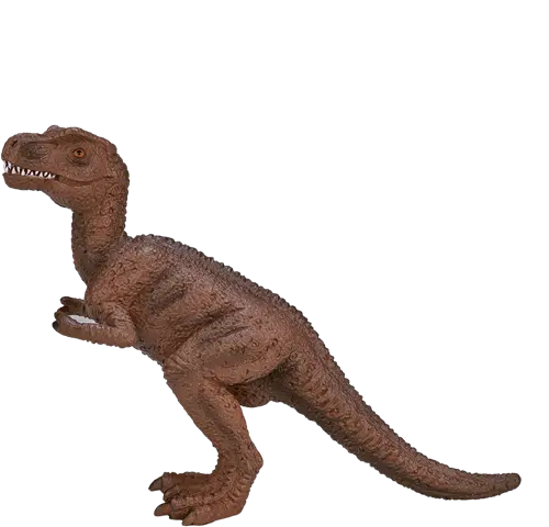 Figura de ação em PVC, pintada à mão, de um dinossauro Tiranossauro Rex bebé de cor castanha, em pose de ataque.