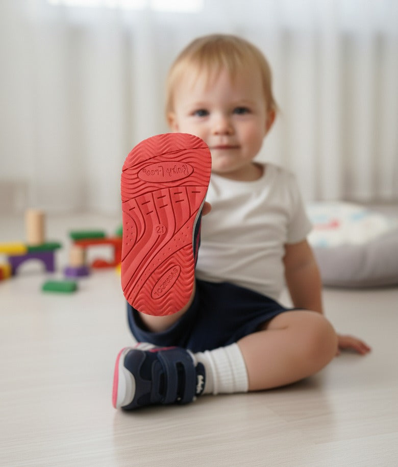 Criança a mostrar a sola vermelha flexível e fina da sapatilha barefoot Chetto, evidenciando o conceito de calçado respeitador.