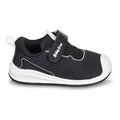 Sapatilha BabyFree Barefoot para criança, cor negro, com sola branca, fecho de velcro e elásticos. Vista lateral.