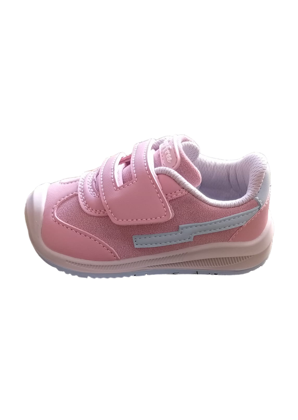 Sapatilha barefoot Chetto BabyFree rosa, vista lateral, com fecho de velcro duplo e detalhe lateral azul claro.