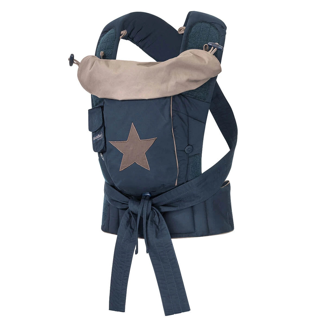 Porta-bebé BONDOLINO® Plus Mei Tai Híbrido na cor azul marinho com uma estrela decorativa no centro, alças e cintas robustas para suporte extra.