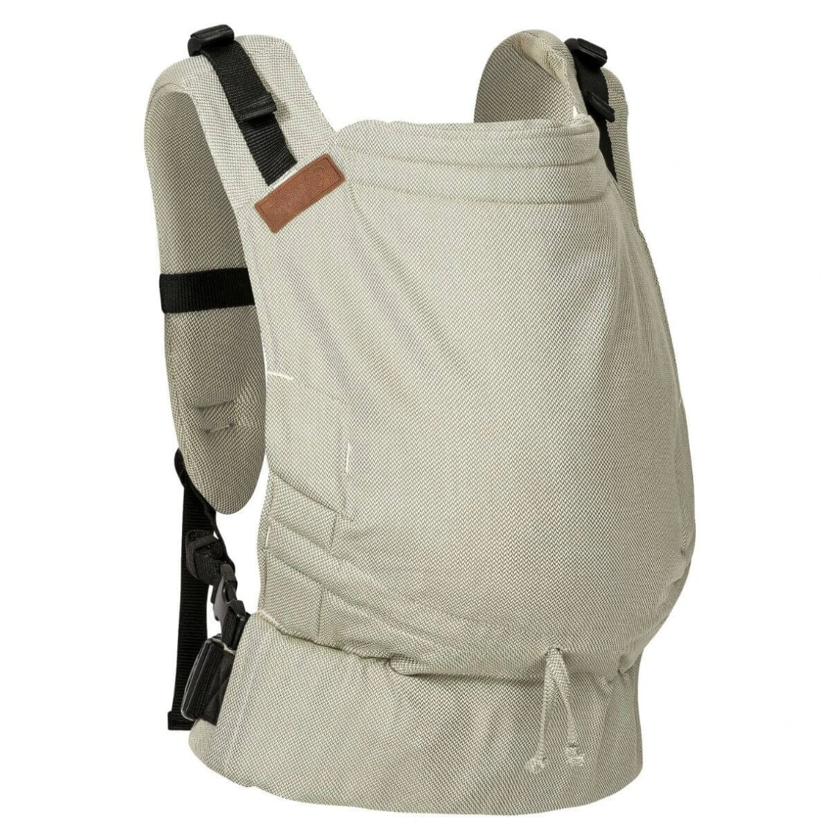 Mochila Hoppediz Ajustável BabySize Buckle Elba em cor neutra, vista de frente, destacando o design ergonómico e as fivelas ajustáveis.