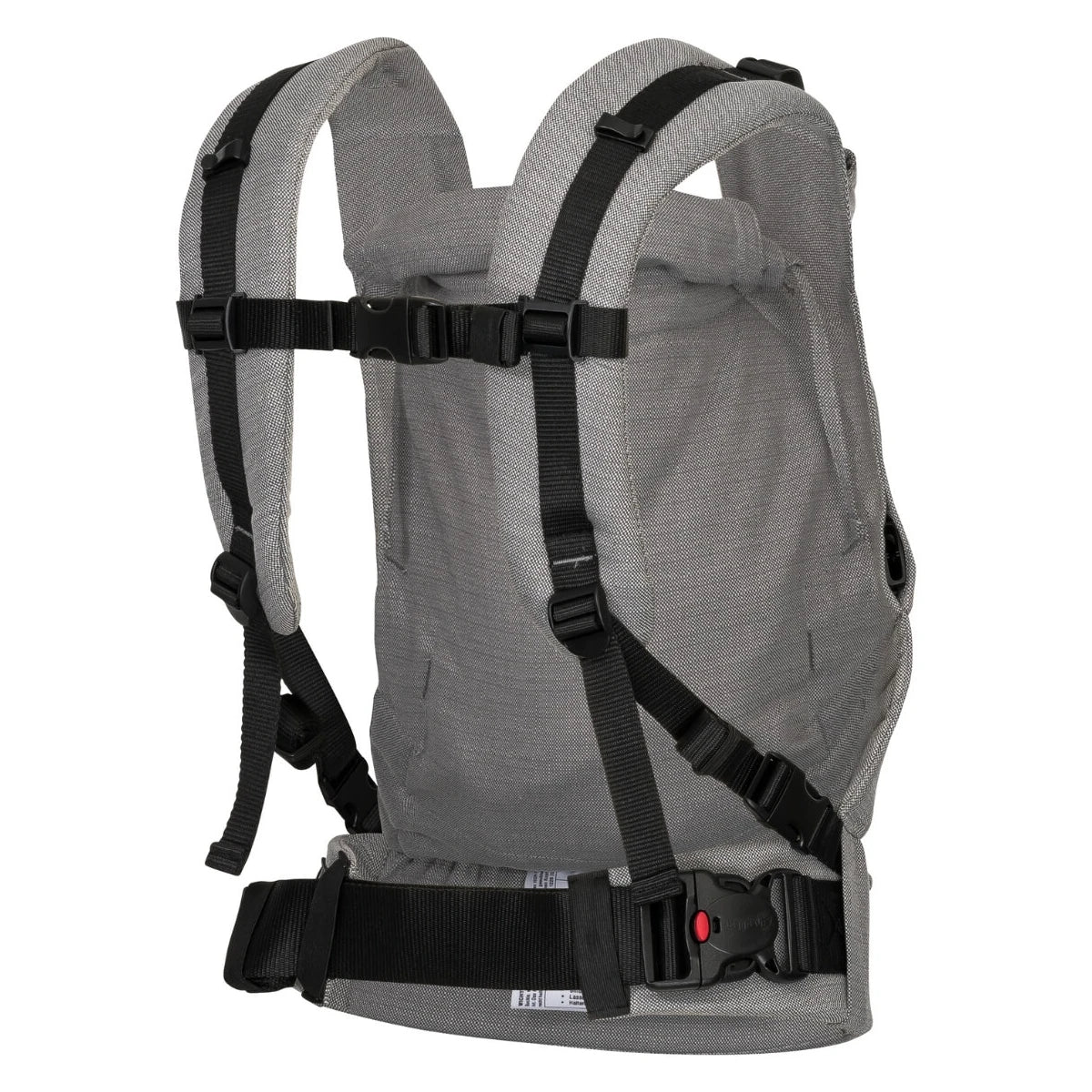 Mochila porta-bebés ajustável Hoppediz BabySize Buckle Kos em cinza claro, vista frontal e traseira. A imagem mostra o design ergonômico da mochila, com alças acolchoadas, fivelas de ajuste e um capuz parcialmente recolhível. O tecido de algodão orgânico é destacado, com cordões ajustáveis para personalizar o tamanho do assento e garantir o conforto do bebé.