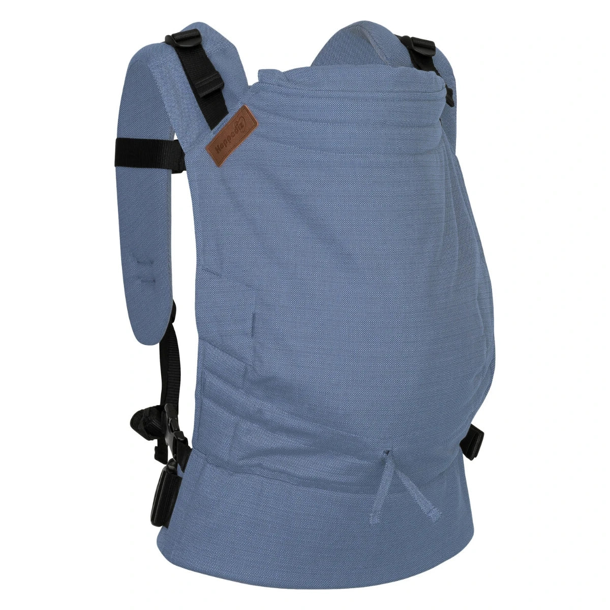 Mochila Hoppediz Ajustável BabySize Buckle em cor azul, vista frontal com fivelas pretas e design ergonómico, confeccionada em algodão orgânico.