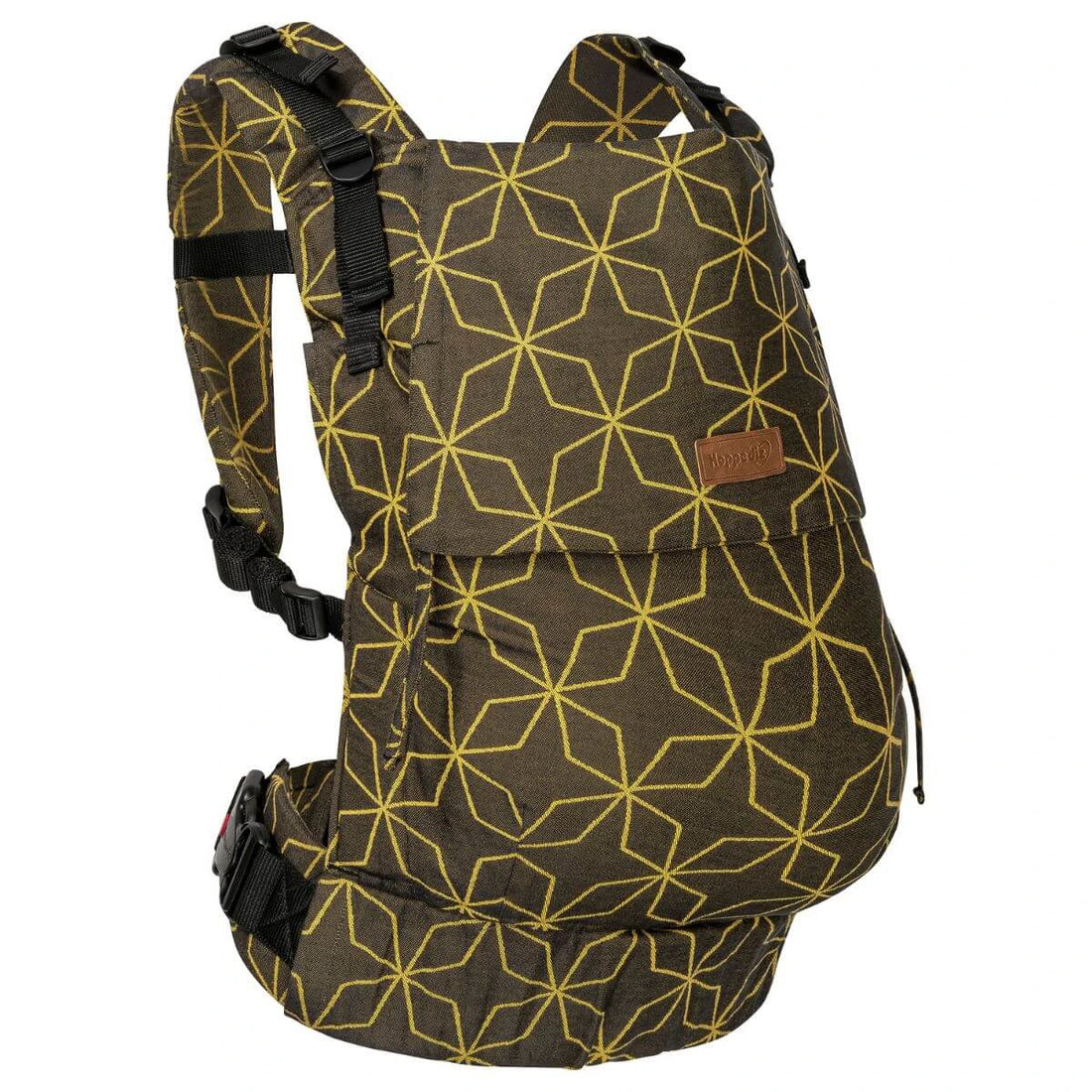 Mochila Hoppediz Ajustável Buckle Toddler Malmo Yellow vista de frente, mostrando o design com padrões geométricos amarelos sobre um fundo castanho.