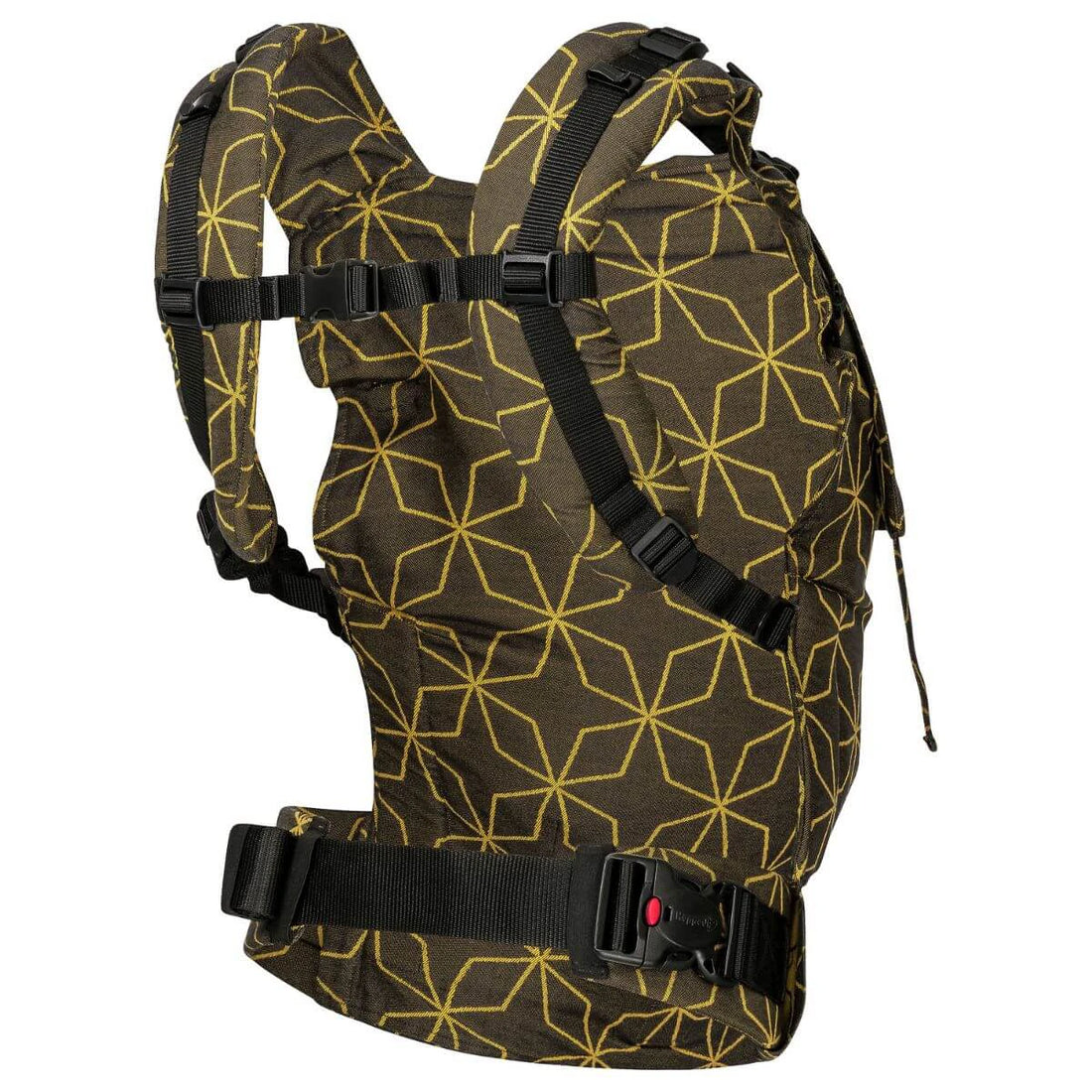 Mochila Hoppediz Ajustável Buckle Toddler Malmo Yellow vista de frente, mostrando o design com padrões geométricos amarelos sobre um fundo castanho.