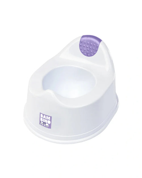 Bacio Bambino Mio branco com detalhes roxos, design ergonómico e base estável.