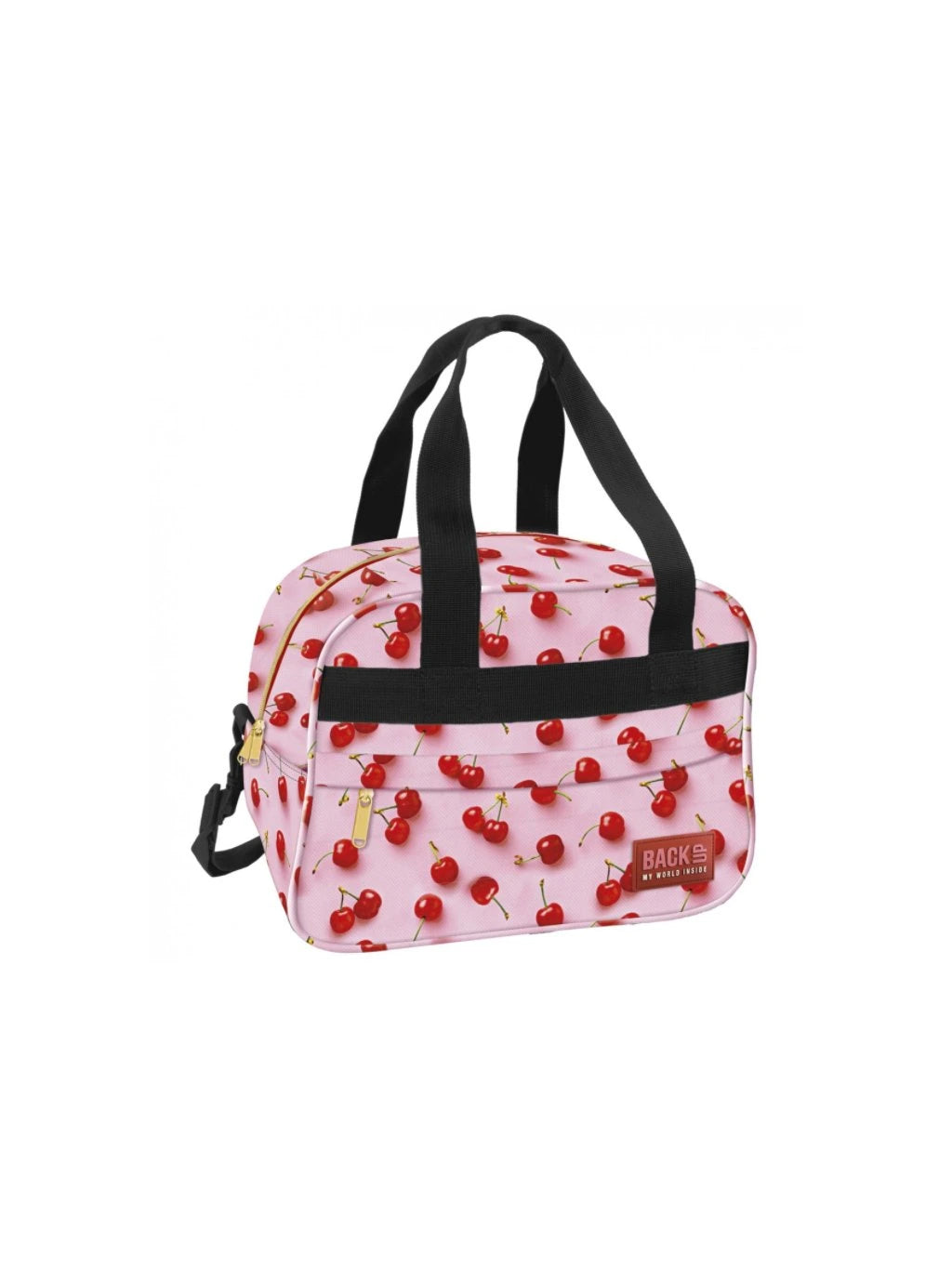 Saco de desporto BackUp com estampado de cerejas sobre fundo rosa, com alças pretas e fecho de correr, ideal para escola ou viagem.