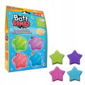 Embalagem de 4 unidades de bombas de banho Baff Bombz em forma de estrela, com cores verde, roxo, rosa e azul, e as quatro bombas soltas ao lado.