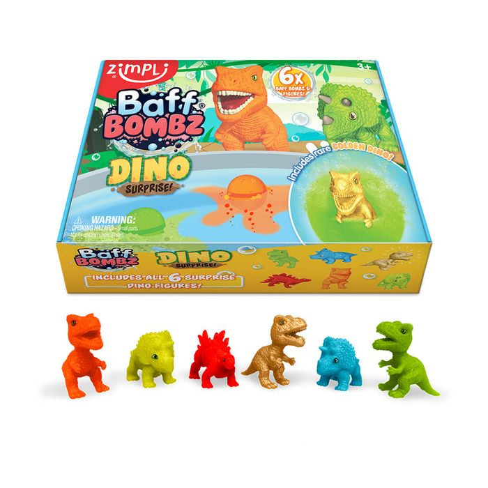 ZIMPLIKIDS Pack 6 Bombas de banho Dinossauros, exibindo a caixa do produto com dinossauros ilustrados e as seis figuras surpresa na frente.