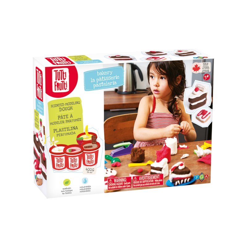 Caixa do conjunto Tutti Frutti Plasticina Pastelaria com vista de perto, mostrando os detalhes do produto e uma criança a brincar.