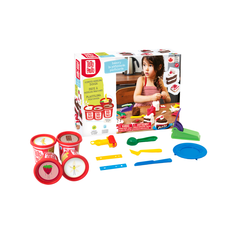 Conjunto Tutti Frutti Plasticina Pastelaria com 4 potes aromatizados e acessórios de modelagem, com caixa ilustrada ao fundo.