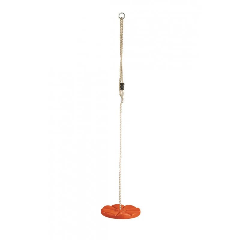 Baloiço em corda com disco laranja SOULET, com anel metálico para fixação segura, ajustável para estruturas entre 200 cm e 250 cm.