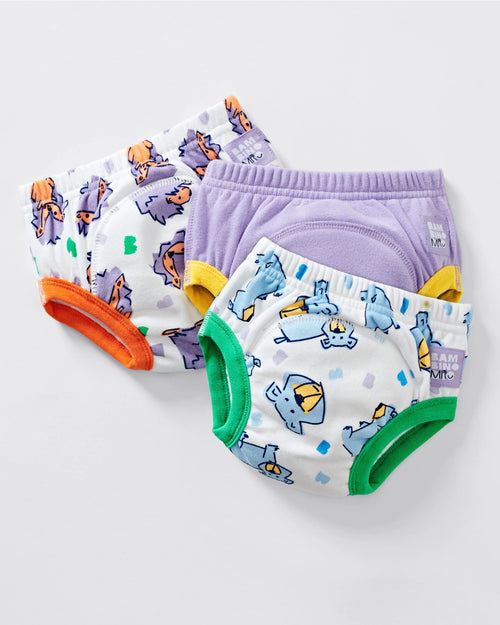 Pack de 3 cuecas de treino reutilizáveis Bambino Mio "Bold Animals" em cores variadas: branca com padrão de animais, lilás lisa e branca com acabamentos verdes.