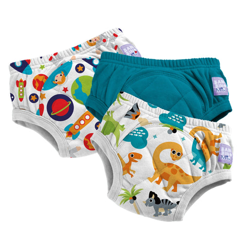 Pack de 3 cuecas de treino Bambino Mio com padroes Teal e Stitch para desfralde.