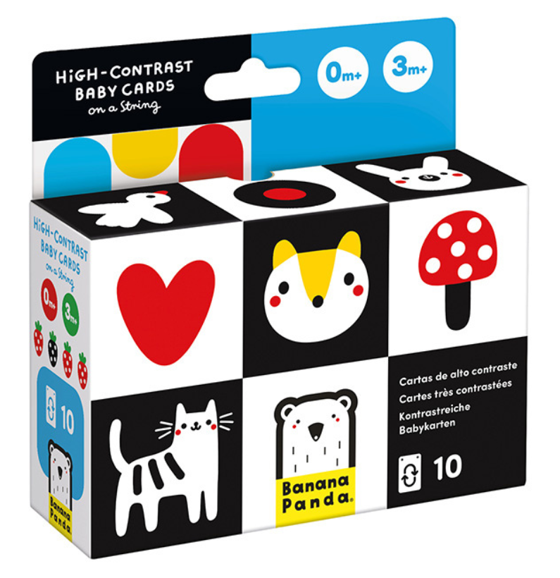 Embalagem quadrada dos cartões de bebé Banana Panda com ilustrações em preto e branco, vermelho, amarelo e azul, indicando 0m+ e 3m+.