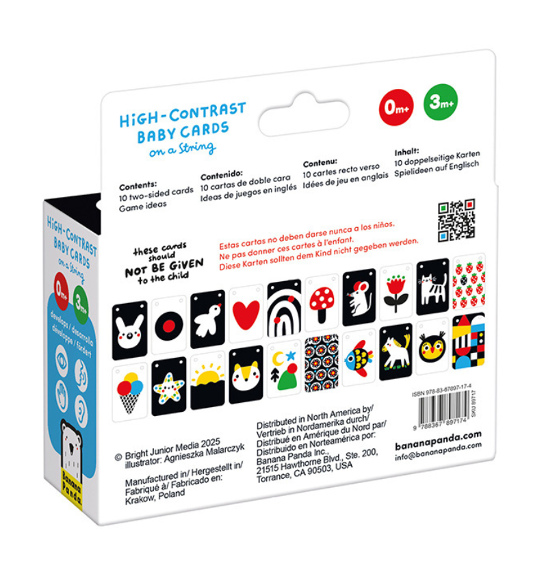 Verso da embalagem dos cartões Banana Panda, listando o conteúdo em várias línguas e mostrando exemplos de todos os 20 designs de cartões.