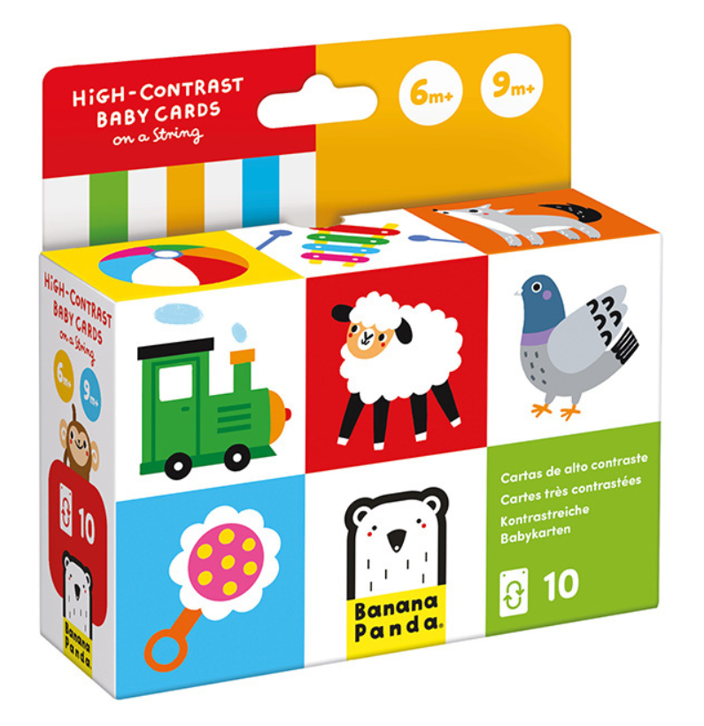 Embalagem dos cartões de alto contraste Banana Panda, mostrando ilustrações coloridas e indicações de idade (6m+ e 9m+).