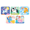 Conjunto de 5 puzzles individuais de 9 peças, cada um com ilustrações coloridas de pôneis mágicos, incluindo um unicórnio, um pônei preto e branco, e um pônei sob um arco-íris.