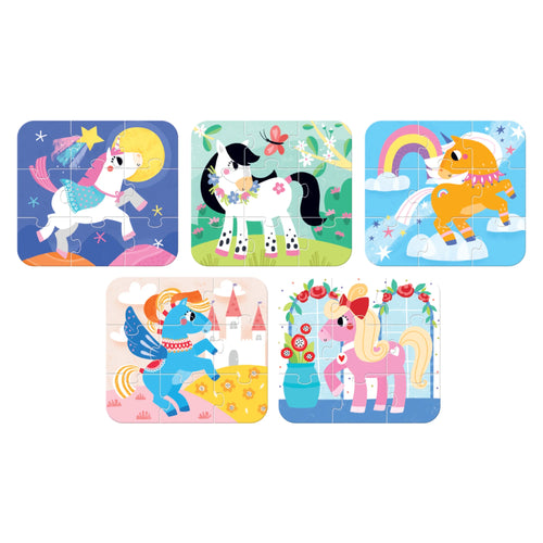 Conjunto de 5 puzzles individuais de 9 peças, cada um com ilustrações coloridas de pôneis mágicos, incluindo um unicórnio, um pônei preto e branco, e um pônei sob um arco-íris.