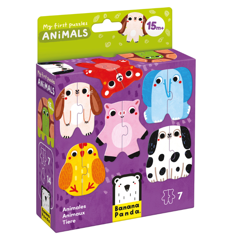 Caixa do puzzle "My First Puzzles Animals" da Banana Panda, mostrando sete animais de duas peças cada, com indicação de idade 15m+.