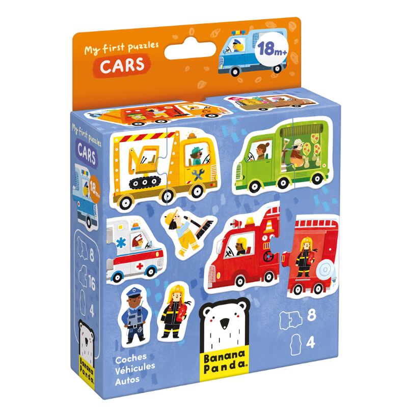 Caixa do puzzle Banana Panda My First Puzzles Cars, mostrando 8 puzzles de 2 peças com veículos coloridos e indicação de idade 18m+.