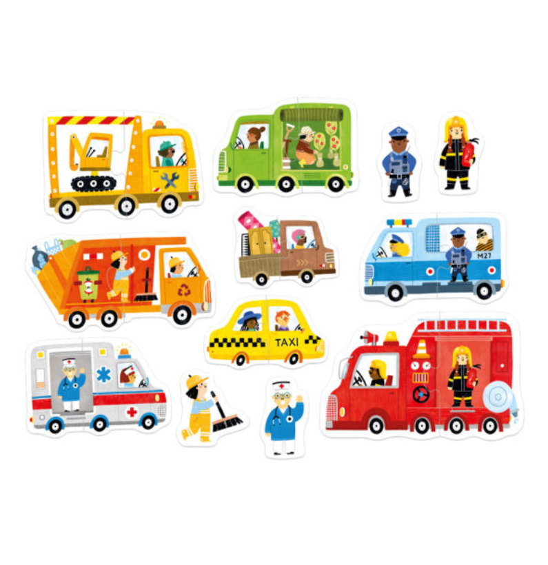 Composição de todos os 8 puzzles montados (veículos) e as 4 figuras de personagens separadas, em fundo branco.