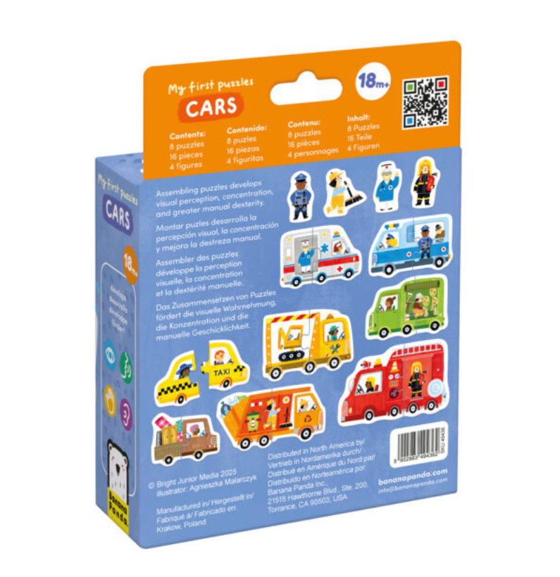 Verso da caixa do puzzle, detalhando o conteúdo (8 puzzles, 16 peças, 4 figuras) e os benefícios de desenvolvimento em várias línguas.