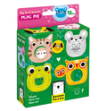 Embalagem do puzzle Banana Panda Mini Me, verde com ilustrações de 7 pares de animais grandes e pequenos, indicando 12m+.