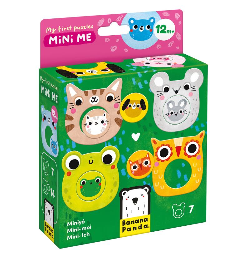 Embalagem do puzzle Banana Panda Mini Me, verde com ilustrações de 7 pares de animais grandes e pequenos, indicando 12m+.