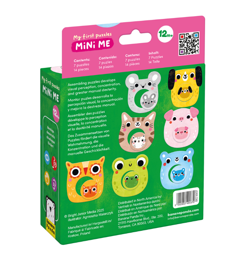 Verso da embalagem do puzzle Banana Panda Mini Me, mostrando os 7 pares de animais e informações multilingues.
