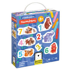 Caixa do Puzzle de Números da Banana Panda com alça, exibindo os 10 puzzles de duas peças e varetas coloridas com ilustrações de animais.