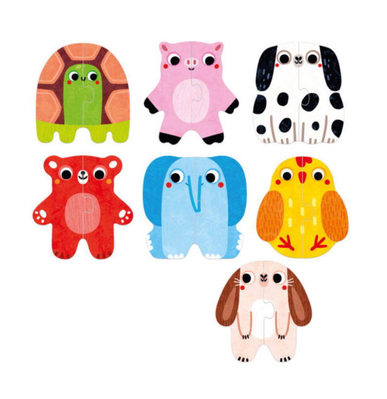 As sete ilustrações completas dos puzzles de animais (tartaruga, cão, coelho, porco, urso, elefante, pássaro) dispostas sobre fundo branco.