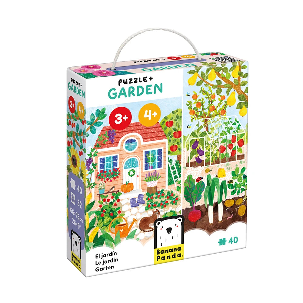 Caixa do Puzzle Jardim Banana Panda com 72 peças (40+32), ilustrações coloridas de um jardim e indicação de idade 3+.