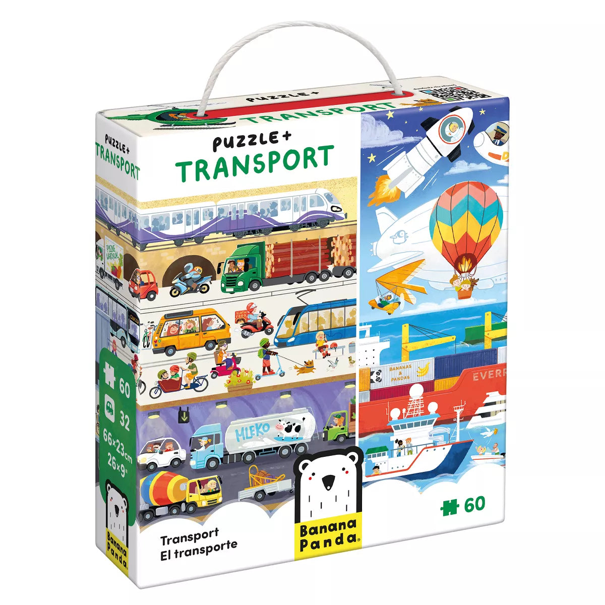 Caixa do Puzzle Transporte Banana Panda com 60 peças, mostrando comboios, camiões, navios e foguetão. Inclui pega e informações do produto.