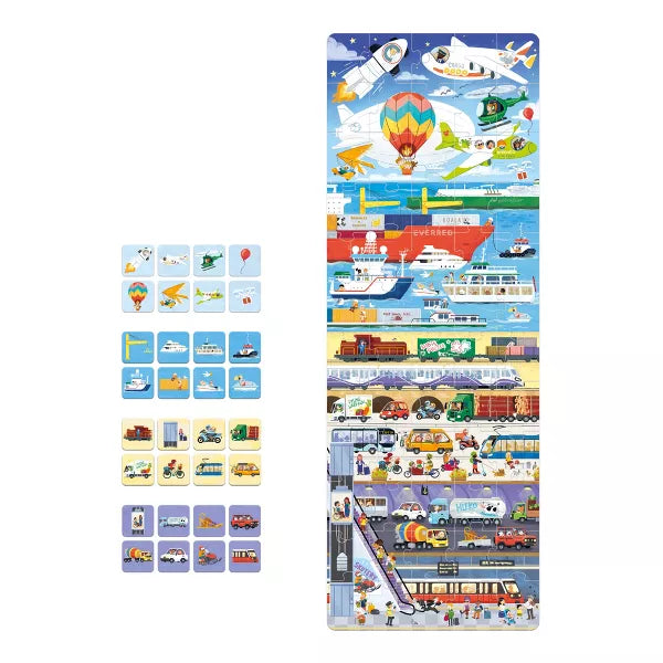 Puzzle Transporte montado (60 peças) ao lado dos 32 cartões de elementos para encontrar e poster educativo.