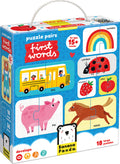 A caixa do jogo Banana Panda Puzzle Pairs - First Words, mostrando exemplos dos puzzles de duas peças como um autocarro, porco e cavalo.