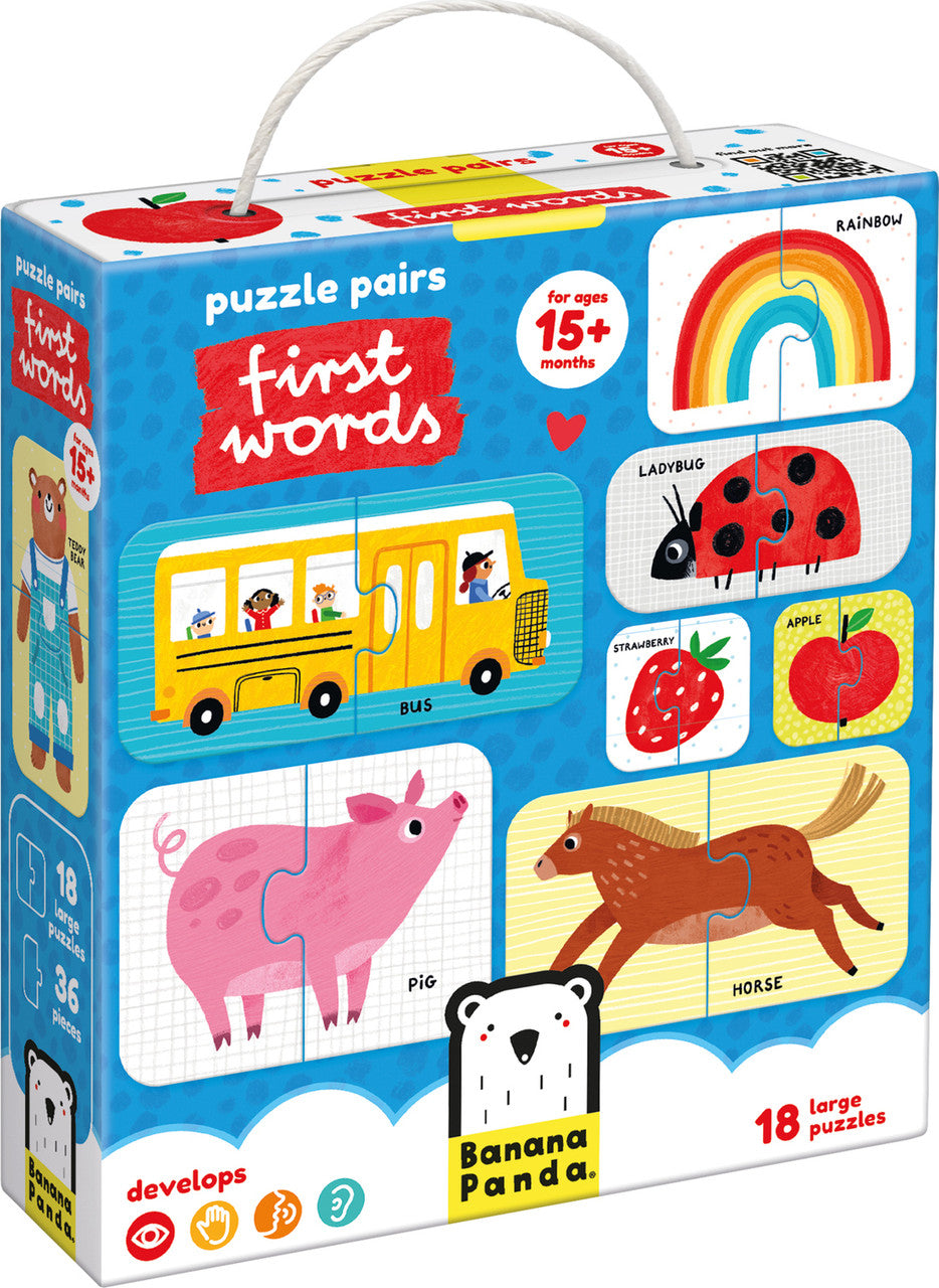 A caixa do jogo Banana Panda Puzzle Pairs - First Words, mostrando exemplos dos puzzles de duas peças como um autocarro, porco e cavalo.