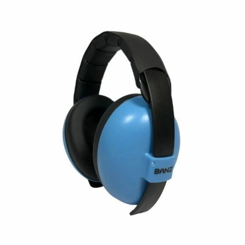 Supressor de ruído Banz turquesa para bebés, com conchas almofadadas e banda de couro confortável.
