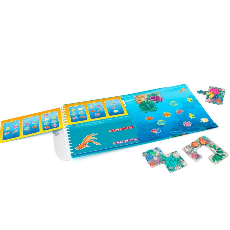 Tabuleiro aberto do jogo Recife de Coral, mostrando os cartões de desafio com os níveis Júnior, Perito e Mestre, e algumas peças de quebra-cabeças magnéticas soltas.