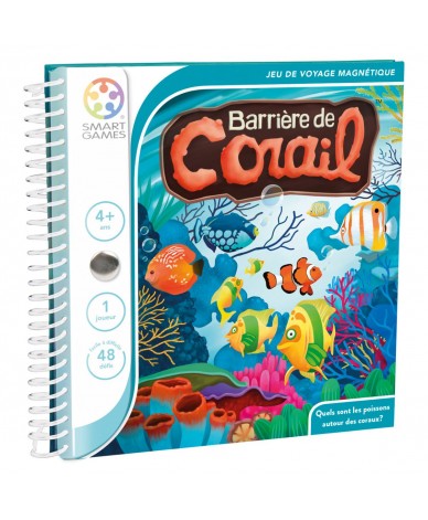 Capa do jogo de viagem magnético Smart Games Recife de Coral, mostrando o título, a idade (4+) e o número de desafios (48).